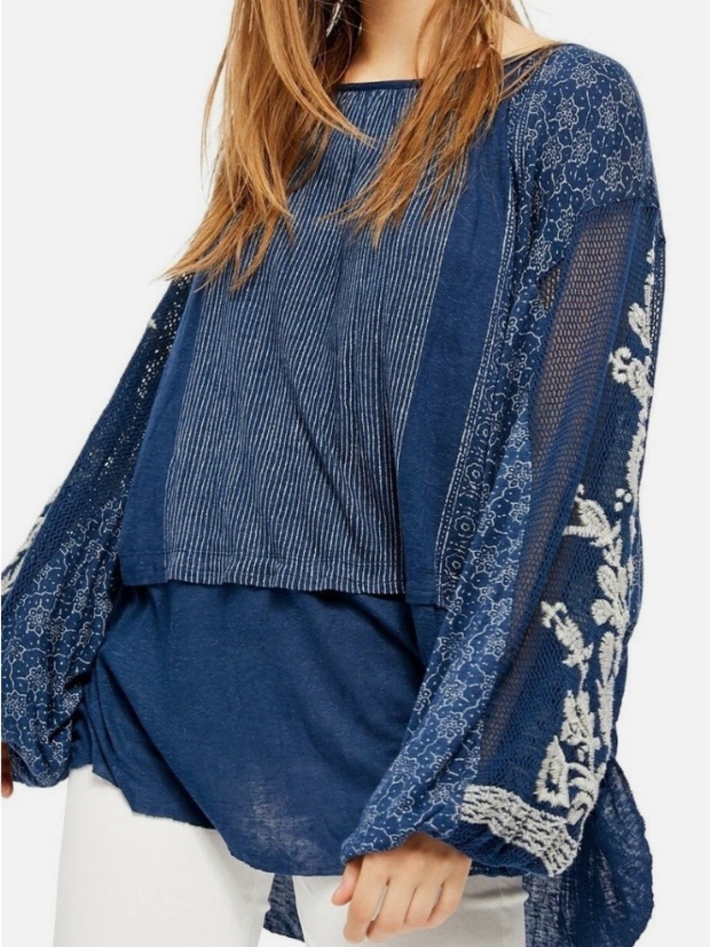 Free People Navy Blue Mixed-Media Embroidered Lace Blouse